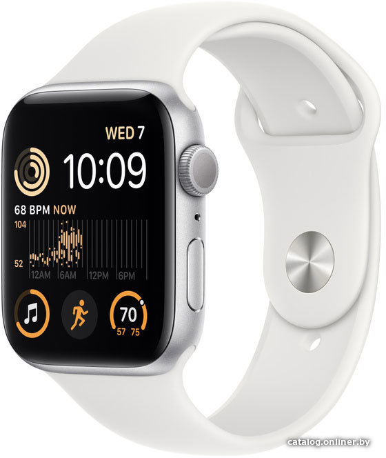 Умные часы Apple Watch SE 2 44 мм (алюминиевый корпус, серебристый/белый, спортивный силиконовый рем