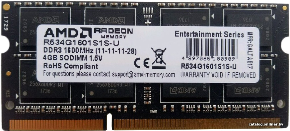 Оперативная память AMD Radeon R3 4GB DDR3 SODIMM PC3-10600 R334G1339S1S-U