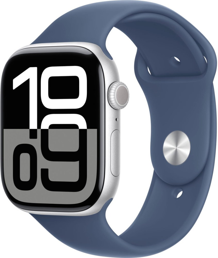 Умные часы Apple Watch Series 10 46 мм (алюминиевый корпус, серебристый/синий, спортивный силиконовы