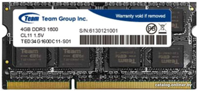 Оперативная память Team Elite 4GB DDR3 SODIMM PC3-12800 [TED34G1600C11-S01]  купить в интернет-магазине X-core.by